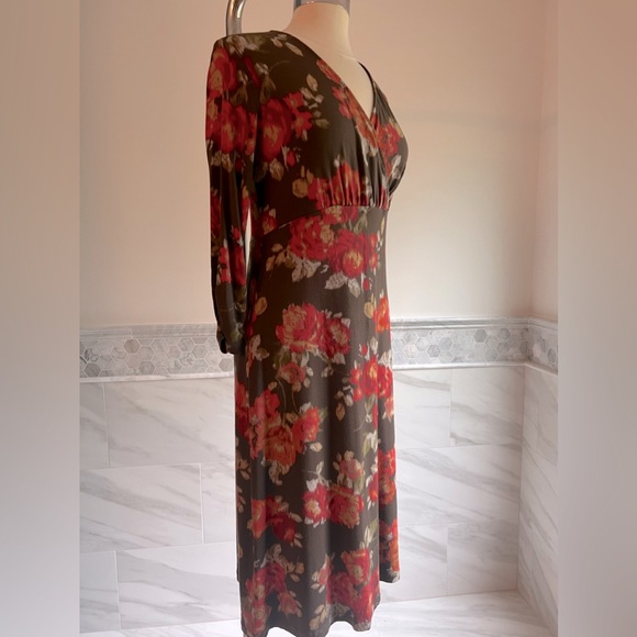 J Jill A-Line Stretch 3/4 Sleeves Floral Brown and Red Midi Dress XS - Picture 4 of 9
